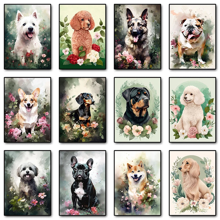 Cute Dog Floral Poster